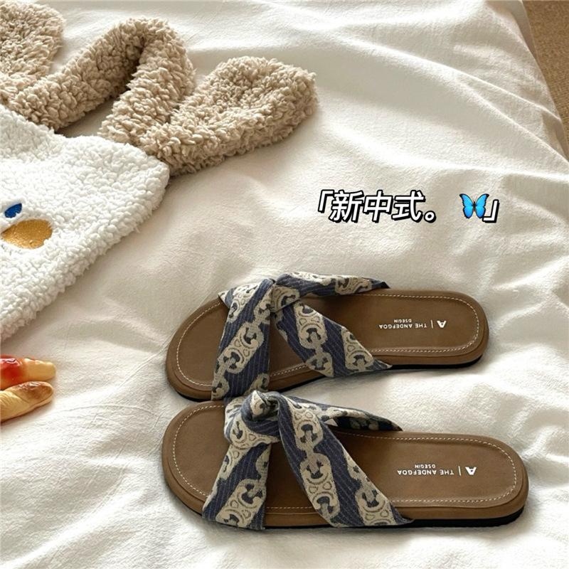 

Национальный стиль новый китайский стиль~! Kink ленивая верхняя одежда однословные тапочки женские ins лето дышащие на плоской подошве нескользящие прохладные тапочки 35 синий