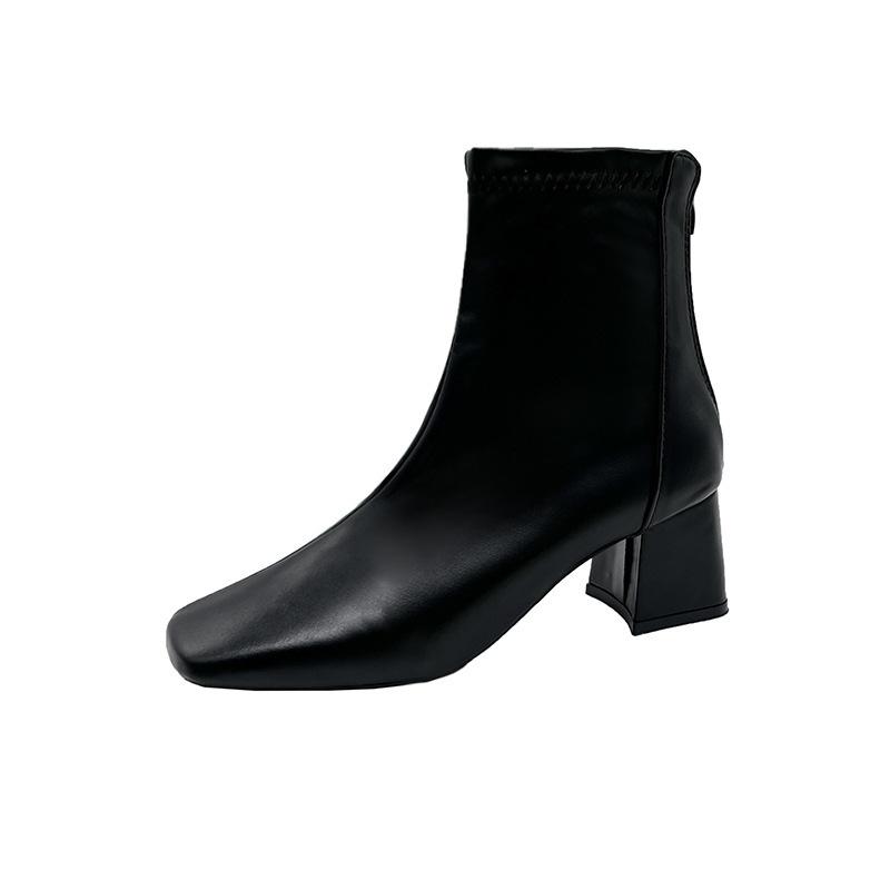 Martin boots women's new women's boots winter European and American style square head rear zipper short boots women's thick heel medium heel boots