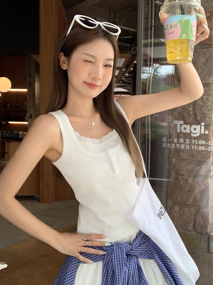 

Korean Spice Girl Style Lace Splicing Fake Two-piece Suspender Vest Women s Early Summer New Seaside Wear Small Top XL білий