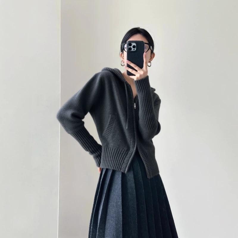 Women's Long Hooded Pure Wool Knit Cardigan with Double Zipper and Pockets