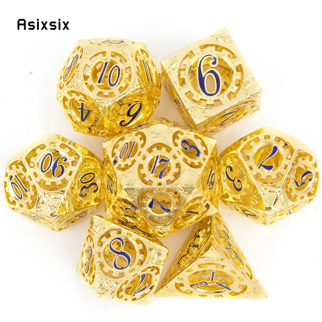 7 Pcs Yellow Blue Gear Wheel Metal Dice Hollow Metal Polyhedral Dice Set Suitable for Role-Playing RPG  Board Game Card Game