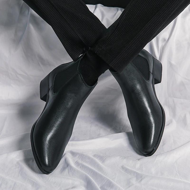 Luxusní značkové kožené boty na nízkém podpatku, britský styl pánské boty Chelsea Business Venkovní svatební boty se špičatým bočním zipem