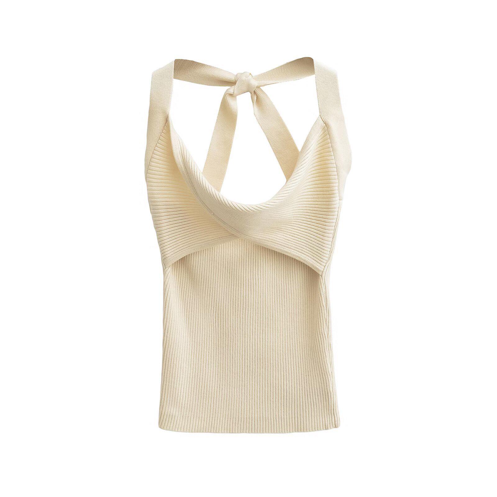 Trendy Women s Backless Halter Crop Top - Sexy Bow Knit Sleeveless Style Medium абрикосовый