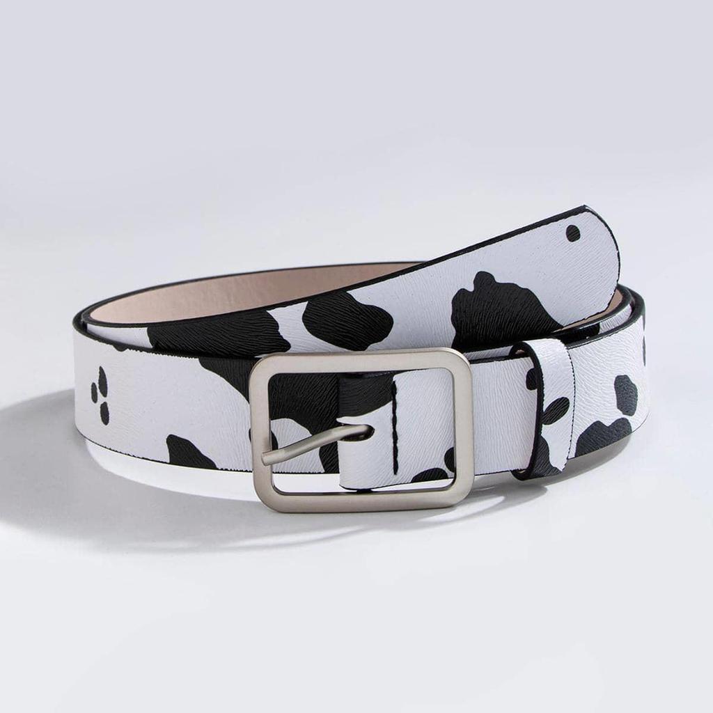 Black & White Cow Print Pony Hair Women's PU Waist Belt with New Date Buckle