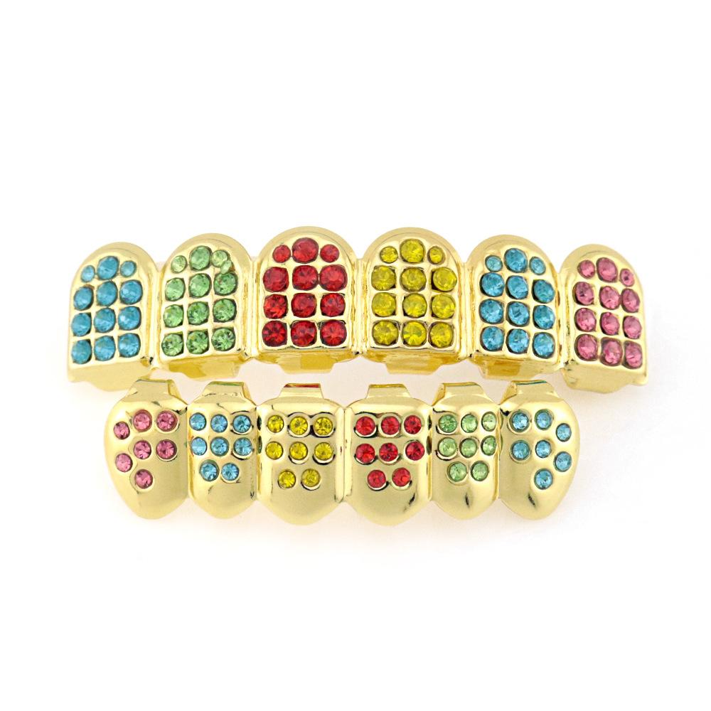 Hip Hop Iced Out Colorful Gold Plated Teeth Grillz, Color CZ Diamond Grills for Men & Women