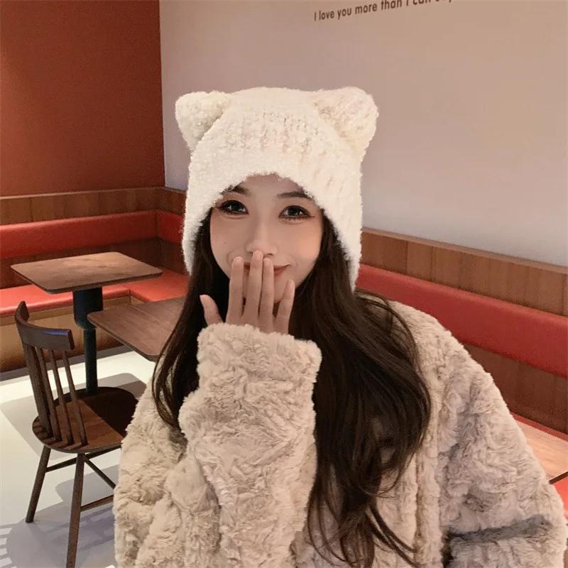 Warm Knitted Bear Ear Hat for Women Cozy Winter Beanie with Ear Flaps Cute Animal Themed Pullover Cap for Cold Weather Fashion
