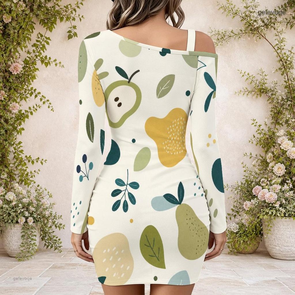 Women Plus Size One Shoulder Long Sleeve Bodycon Mini Dress Tropical Palm Sunset Wave Printed