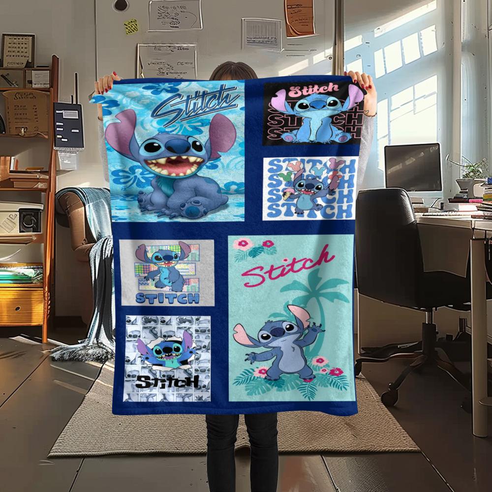 Stitch Multiple Expressions Grid Collage Pink Blue Background Print Flannel Blanket Soft Warm Throw Blanket Sofa Bedroom Decor Gift