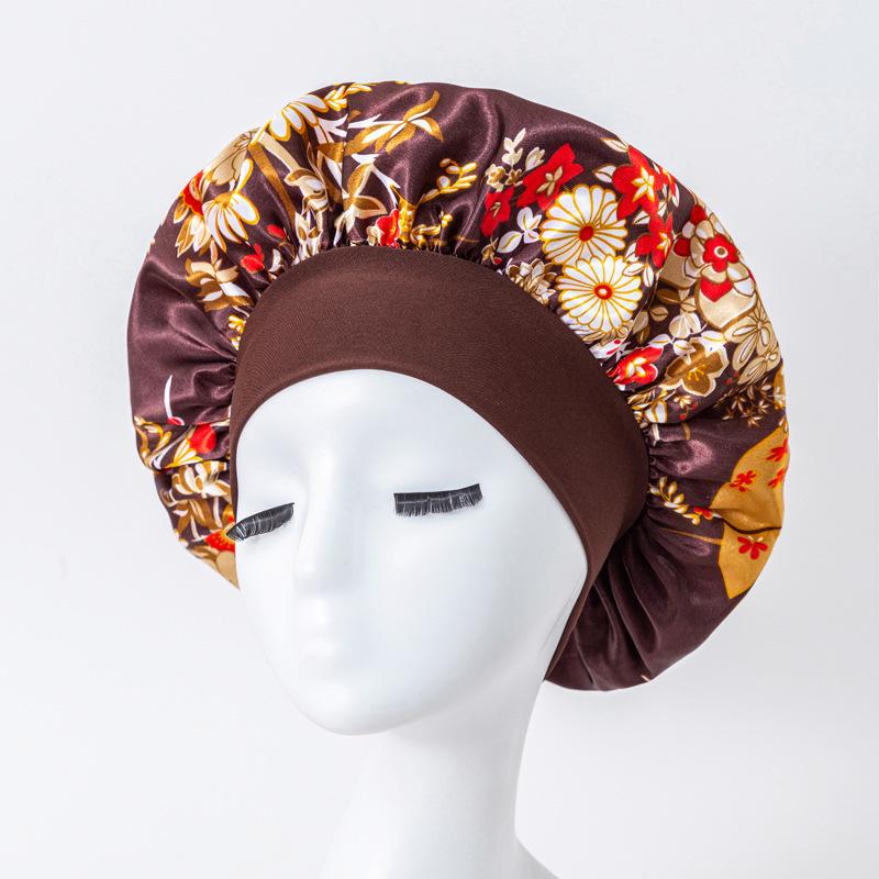 European American Print Satin Sleep Cap - Wide Brim Silky Hair Protection Hat for Women