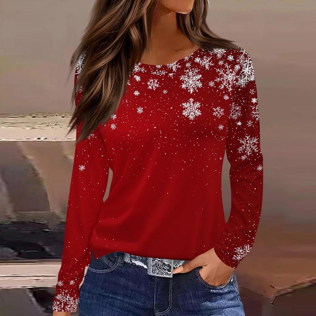 Women's Fashion Casual Slit Hem Round Neck Long Sleeve Loose Christmas Printed T-Shirt Ladies Top