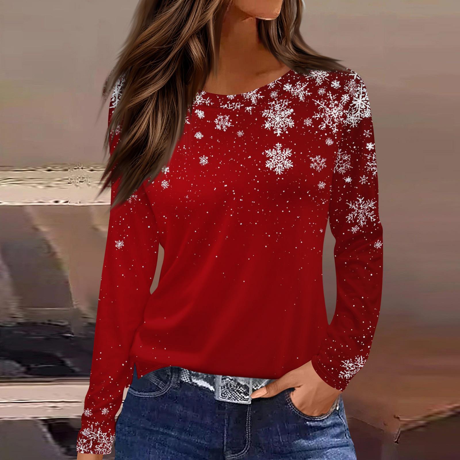 

Женская модная повседневная футболка с разрезом по низу, круглым вырезом, длинными рукавами, свободного кроя, с рождественским принтом, женский топ XXL красный