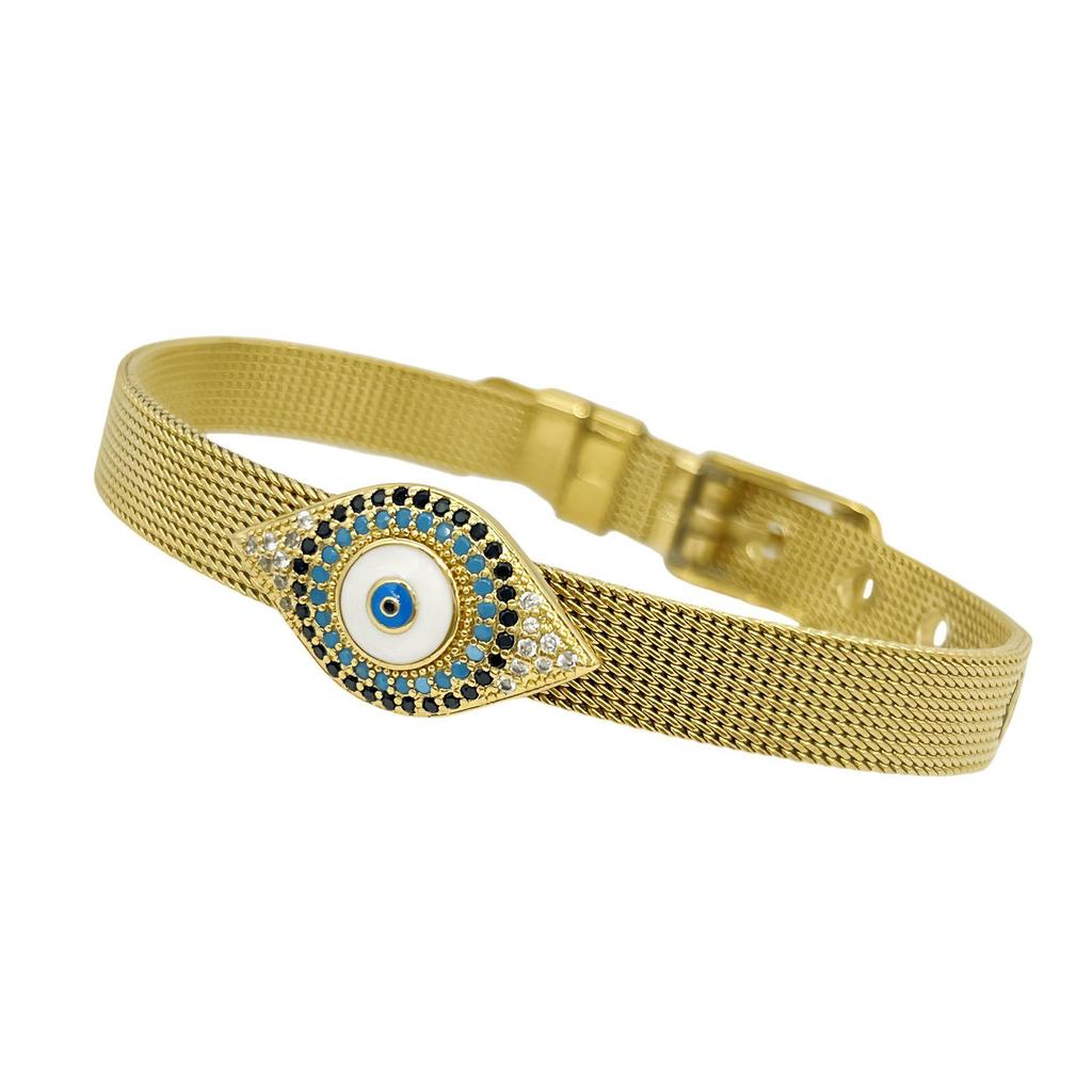 Stainless Steel Watch Band with Devil's Eye Zircon Bracelet - Stylish European and American Fashion Jewelry