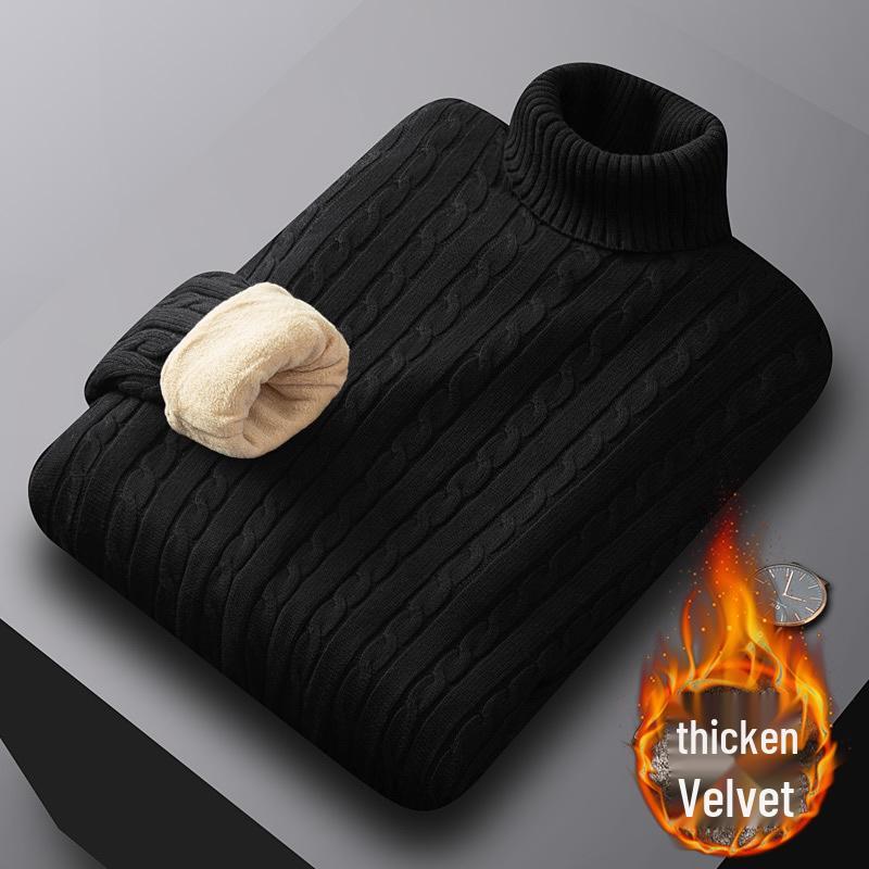 Men's Luxury All-Cotton Knitted Pullover - Thick, Solid Color, Velvet-Lined Cable Knit for Autumn and Winter