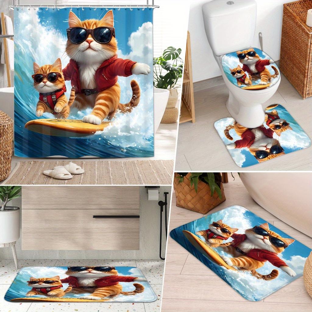 4-teiliges lustiges Surferkatzen-Duschvorhang-Set mit rutschfester Badematte, Toilettendeckelbezug, Kontur-Teppich & 12 Haken, Badezimmerdekoration