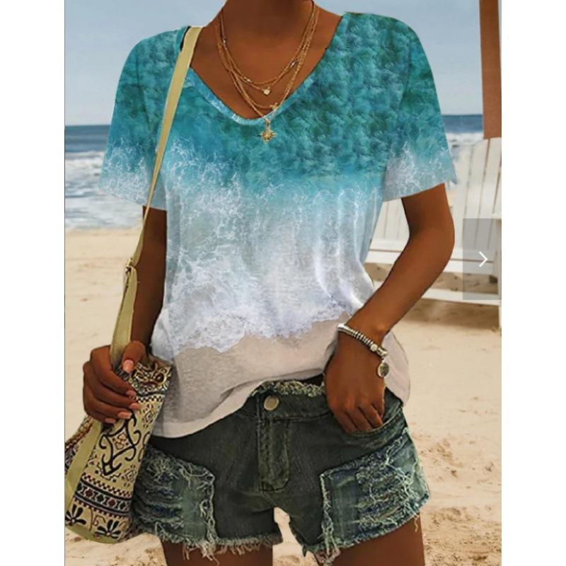 

Женская футболка с цифровым принтом снизу, с коротким рукавом и V-образным вырезом 4XL