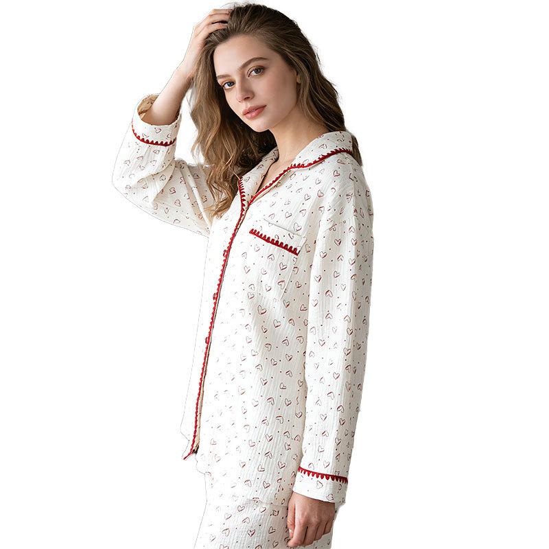 Pajamas women's autumn pure cotton double-layer cotton yarn crepe lapel cardigan love loose plus size loungewear set