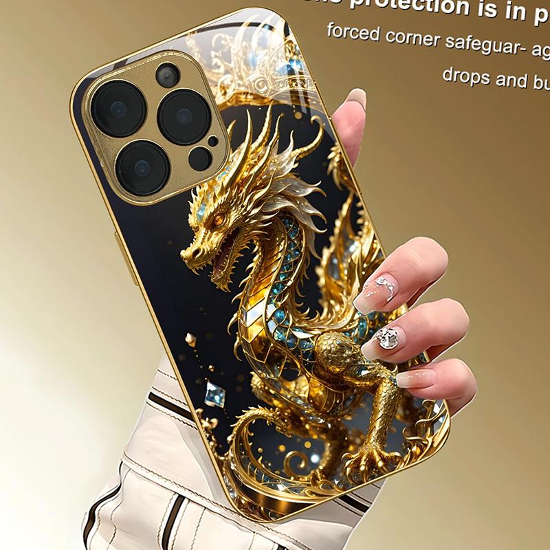 Coole goldene Drachenmuster Gold-Metallic-Lack Glas-Handyhülle Für iPhone 11 12 13 14 15 16 17 Pro Max 14 Plus 17Air 16E Hülle