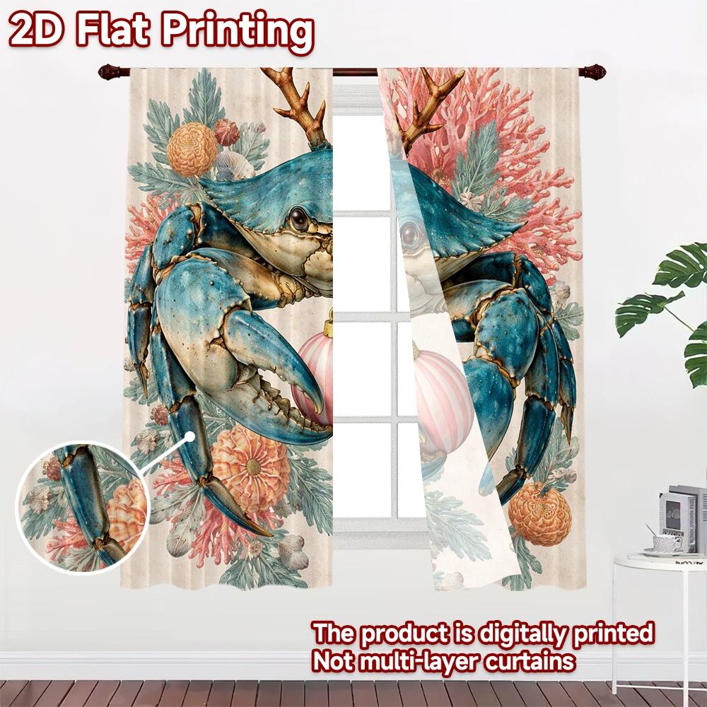 2D FLAT PRINTING 2pcs Curtains (Without Rod) Christmas Crab and Coral Modern Curtains Digital Printed Durable Polyester Curtains