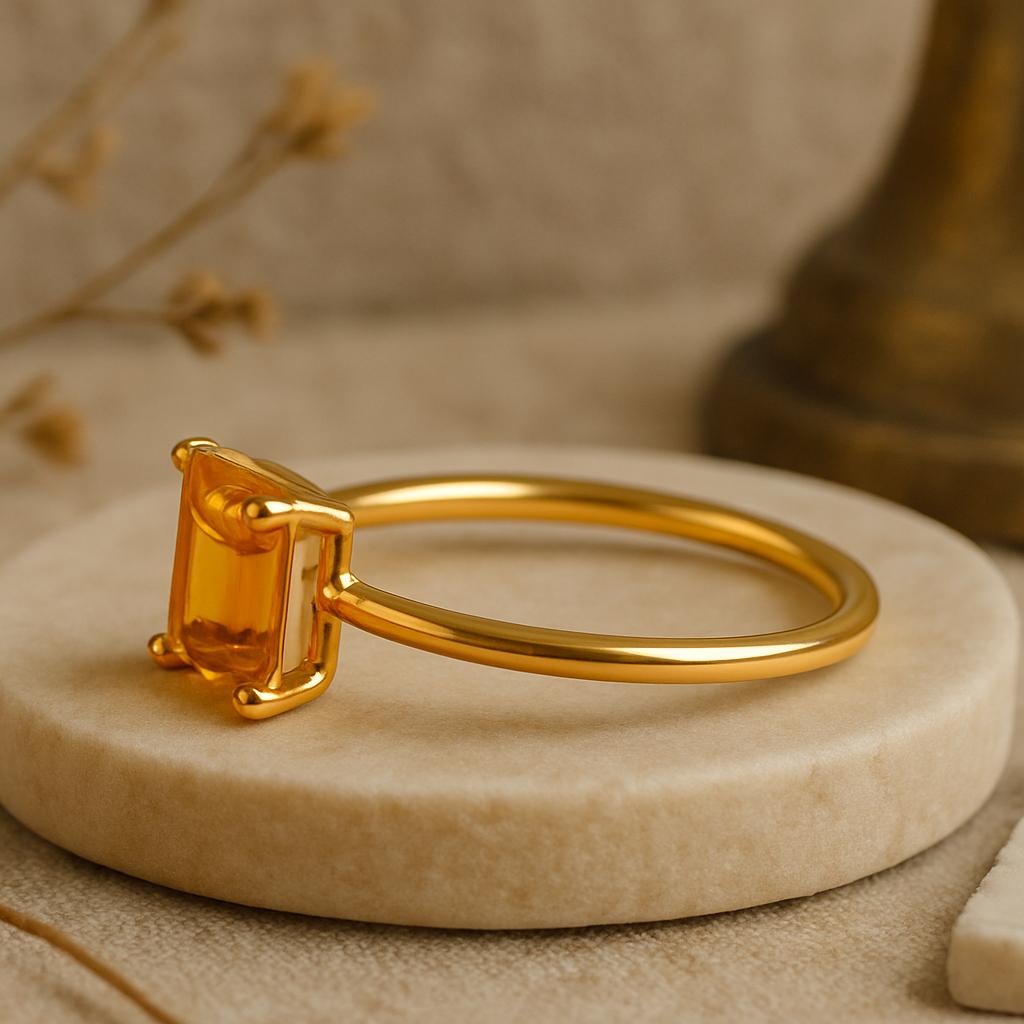Emerald Cut Citrine Gemstone Ring, Yellow Gold Plated 925 Sterling Silver, Solitaire Bridal Jewelry, Anniversary Gift for Her