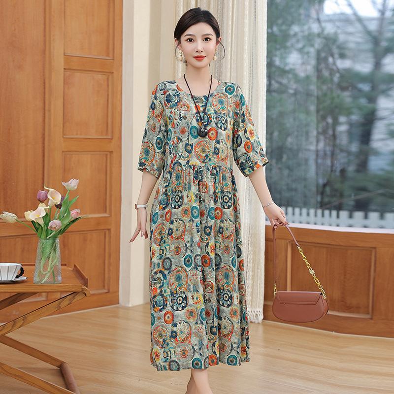Women's Round Neck Five-Point Sleeve A-Line Floral Print Midi Dress Loose Casual Vintage Style Summer Daily Mom Long Dress