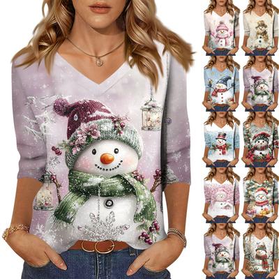 Women's Fashion Casual V Neck 3/4 Sleeve Loose  Printed T-Shirt Ladies Top