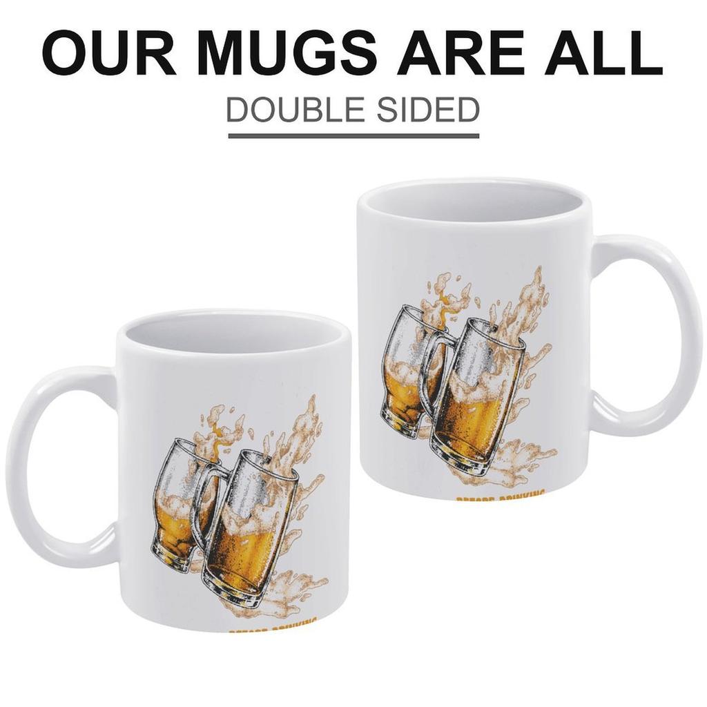 1pc 11oz White Ceramic Mug with Double-Sided Beer Lover Print, Daily Coffee Cup