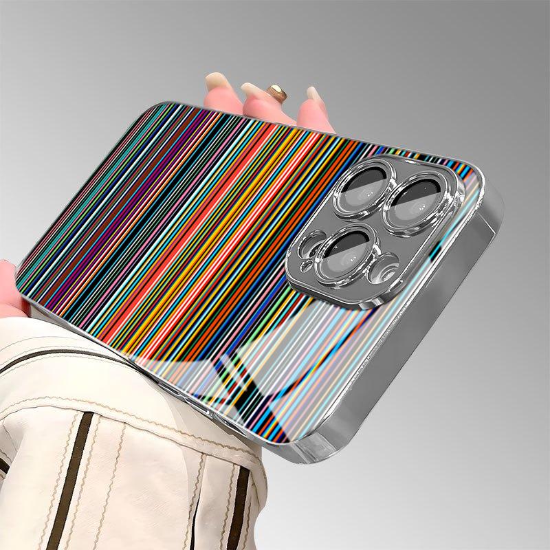 Colorful StripesTempered Glass Electroplated Phone Case For iPhone 18 17 16 Pro Max 15 14 Plus 13 12 11 Pro Max 16E 17 Air Cover
