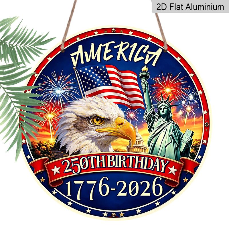 2D Flat 1pc America 250th Birthday 1776-2026 Patriotic Sign, Metal Wreath Round Sign, Decoration Plaque, Bedroom Door Decor, Outdoor Plaque & Wall