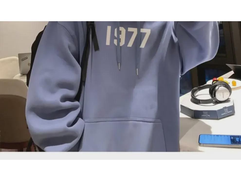 1977 American Fashion Men's Oversized Hooded Sweatshirt - Spring/Autumn, Heavy Velvet, High Street Couple Style.