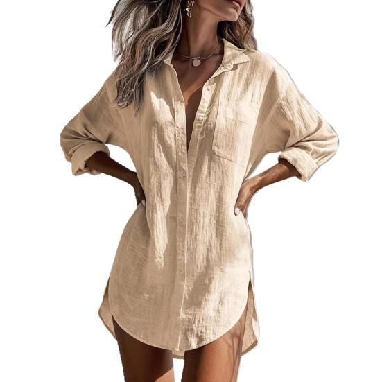 

Женская рубашка с воротником, длинным рукавом, планкой на пуговицах, повседневная рубашка с накладным карманом, однотонная, свободного кроя, средней длины, рабочая рубашка M абрикосовый