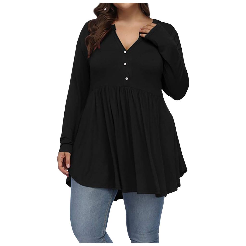 Women's Large Size Casual Solid Color V-neck Buttoned Waist And Large Hem Stitching Long-sleeved Loose T-shirt Top
