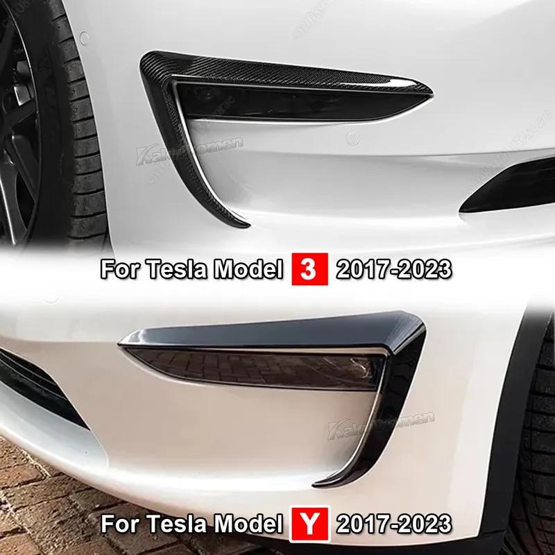 For Tesla Model 3 Model Y 2017-2023 Glossy Black/Carbon Car Front Bumper Fog Light Frame Wind Knife Spoiler Decoration Body Kit