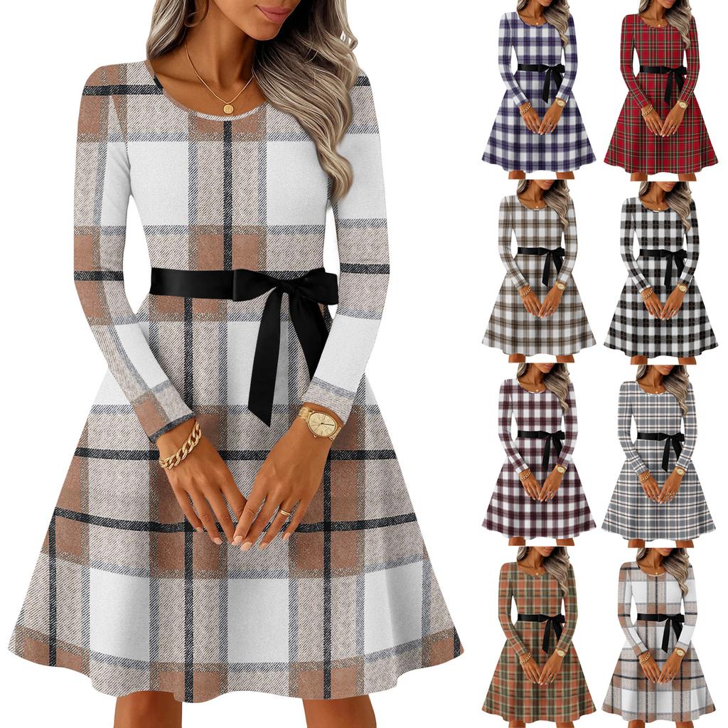 Damen Casual Mode Langarm Vintage Lange Kleider