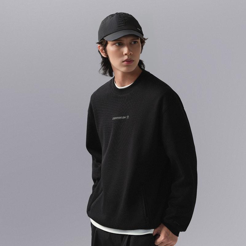 Li Ning CF Suo Letter Round Neck Long Sleeve Fleece Warm Sweatshirt Men sweatshirt Black AWDU957-4