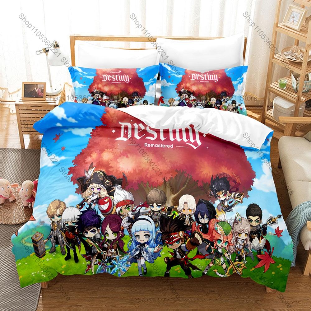 MapleStory 3Pcs Bedding Set Duvet Cover 2 Pillowcases Adele Mercedes Chibi Warrior Cartoon Graphic Breathable Dorm Bed Linen
