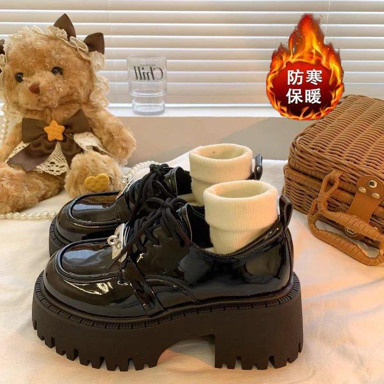 2025 Autumn Platform Small Leather Shoes Women's British Style New Thick Heel Heightening Black Loafers Lace-up Cotton Shoes