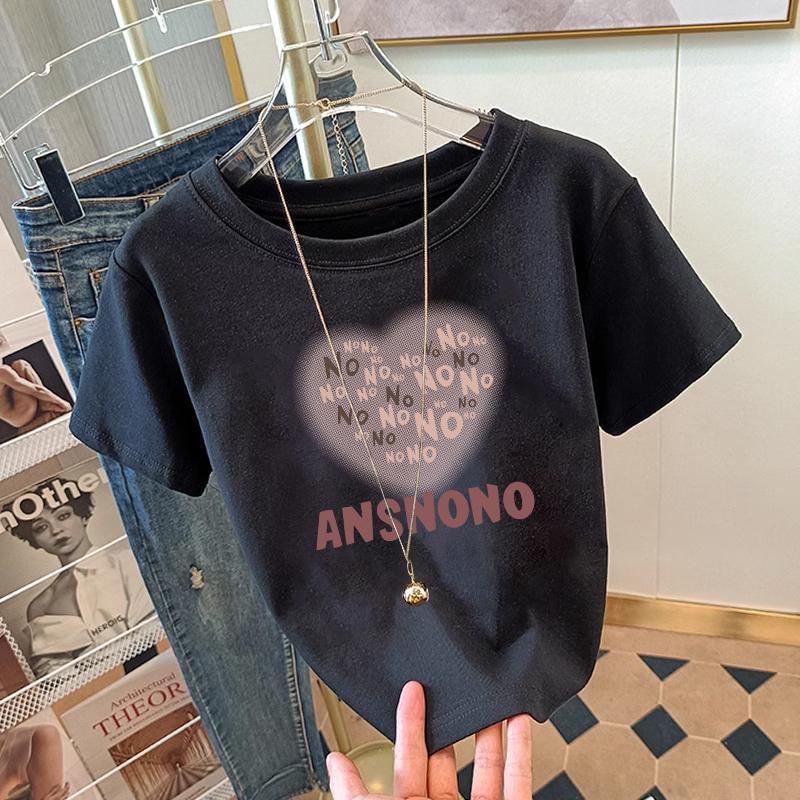 2025 Summer Cotton Crew Neck Shoulder Short Sleeve T-Shirt Women's Apricot Loose ins Tide Half Sleeve Top Versatile T-Shirt