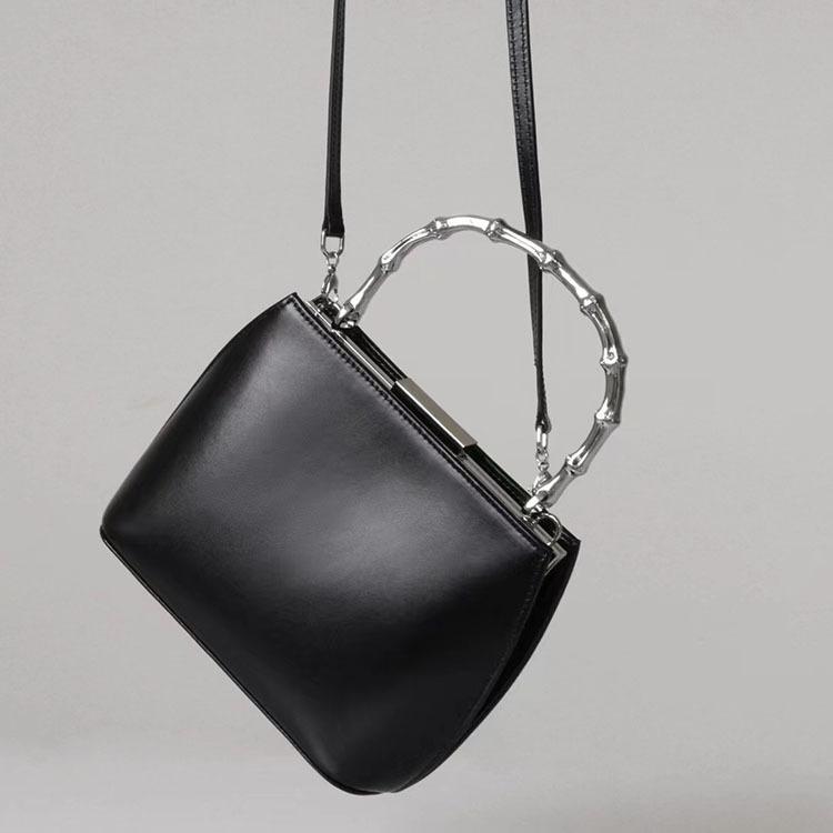 New Bamboo Bag Imported First-layer Cowhide Silver Handle Modern Frog Mouth Bag Premium Sense Portable Shoulder Dinner Bag