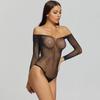 Women Sexy Rhinestone Mesh Bodysuits Sheer Fishnet Sleeve Scoop Neck Black See-Through Lingerie Party Clubwear Exotic Nightwear