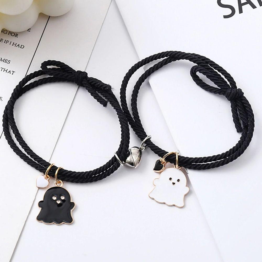 Black White Ghost Pendant Halloween Couple Bracelets Cute Cartoon Rubber Band Rope  Girl