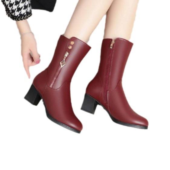 Mom shoes 2024 autumn and winter cotton shoes middle heel piled thickened warm middle-aged and elderly middle boots leather boots foreign trade