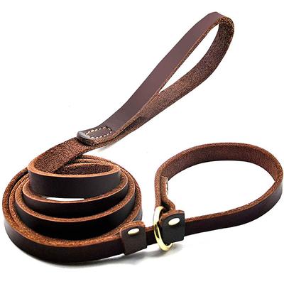 Laisse pour chien en cuir véritable, réglable, avec chaîne coulissante, solide et plate, idéale pour le dressage de grands chiens.