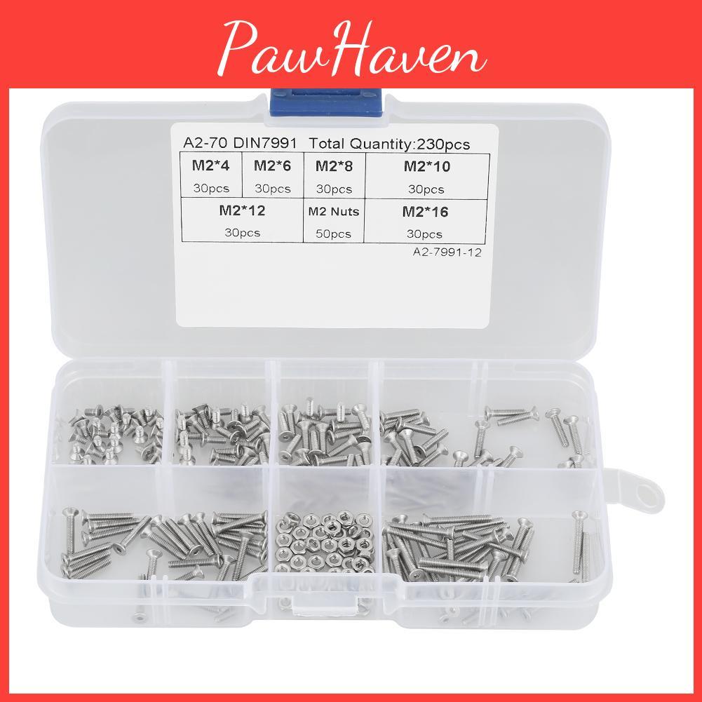 230pcs 304 Steel Stainless M2 Flat Head Bolt Screws Nuts Assortment Kit With Box