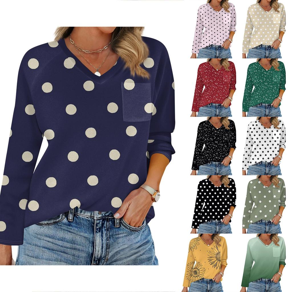 Women's Raglan Long Sleeve V-Neck T-Shirt Splicing Solid Color Casual Top Pullover V-Neck Pocket Bottoming Shirt