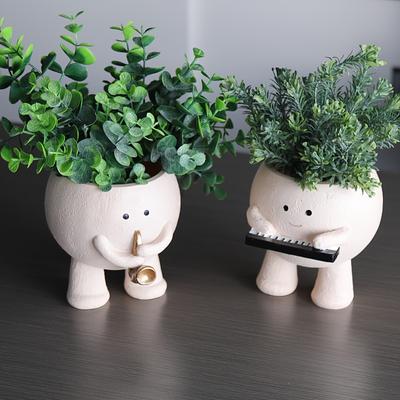 1 Stück Harz Kreatives Musiker Design Pflanzgefäß, Runde Form Dekorativer Blumentopf für Heimdekoration, Pianist und Saxophonist Optionen