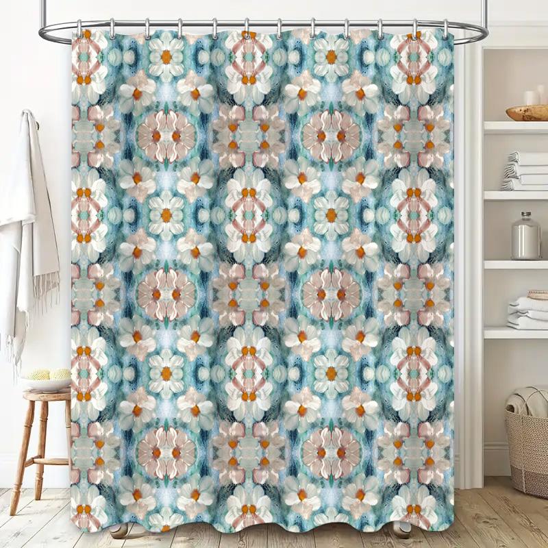 Decorative Shower Curtain Floral Print with White Flowers Blue and Orange PatternLong Size for Bathroom Decorations Perfect Gift