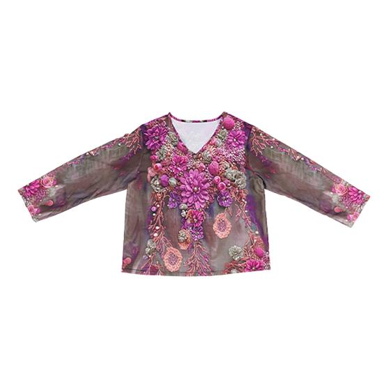 Women T-shirt V-Neck Long Sleeve 3D Flower Decor Pullover Tops with Faux Pearls Decor Spring Autumn Casual Tee Shirt