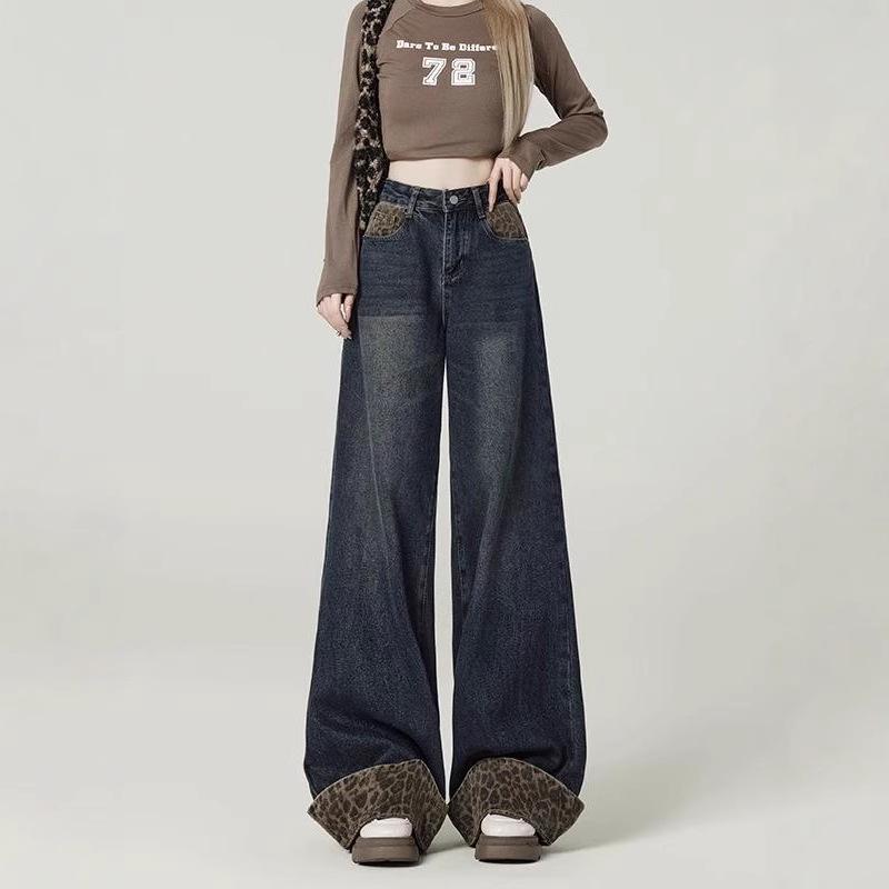 

Women s Summer Wide-Leg Patchwork Leopard Print Jeans 4XL