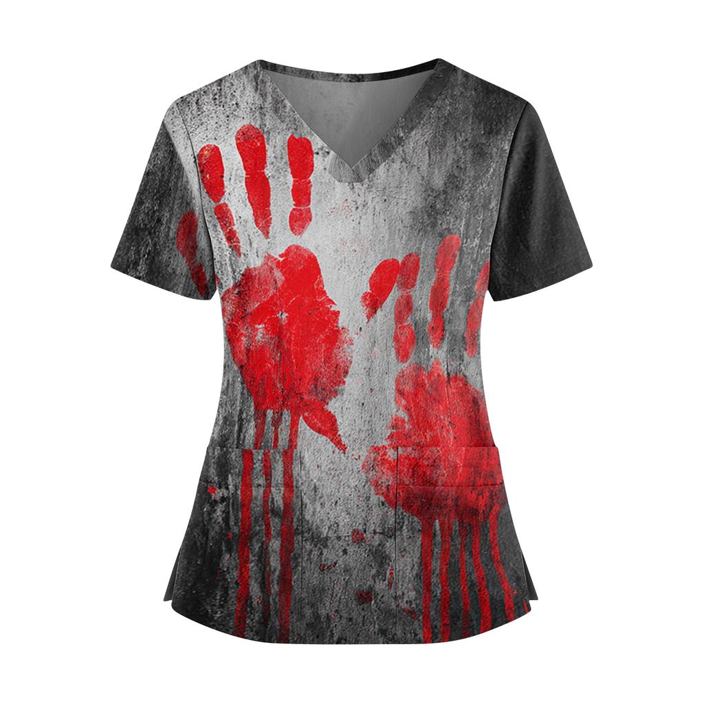 Halloween Print V Neck Short Sleeve Nurse Top with Double Pockets Split Hem Medical Scrub Shirt for Healthcare Workers and Caregivers