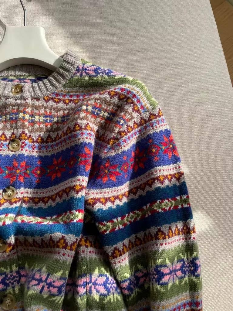 Damen Nordischer Stil Fair Isle Woll-Cardigan Pullover - Robust, Rundhals Strick